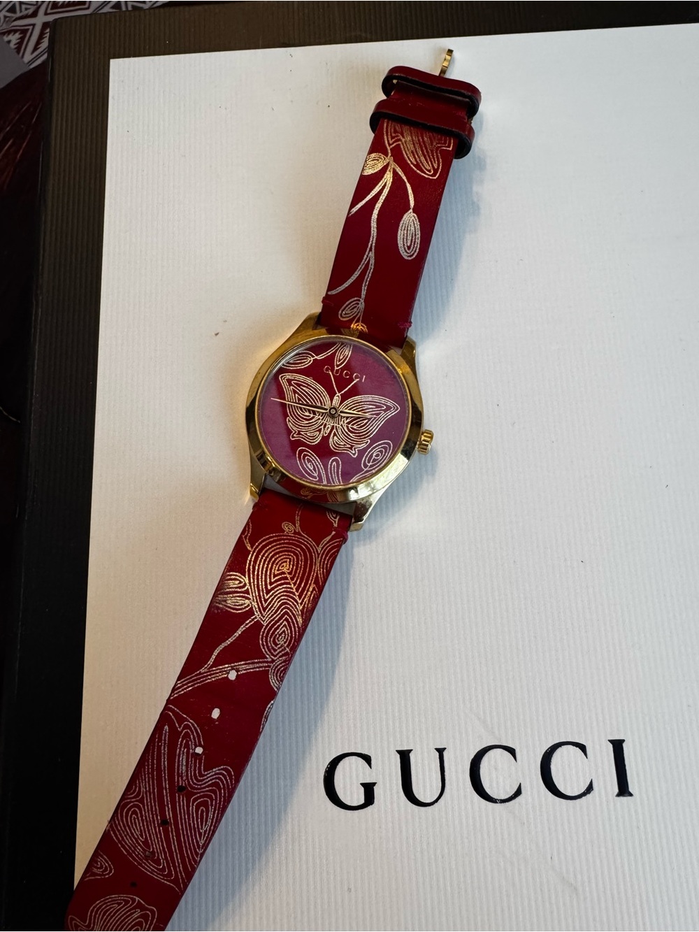 Gucci Gold-Tone Case Watch with Red Butterfly Strap
